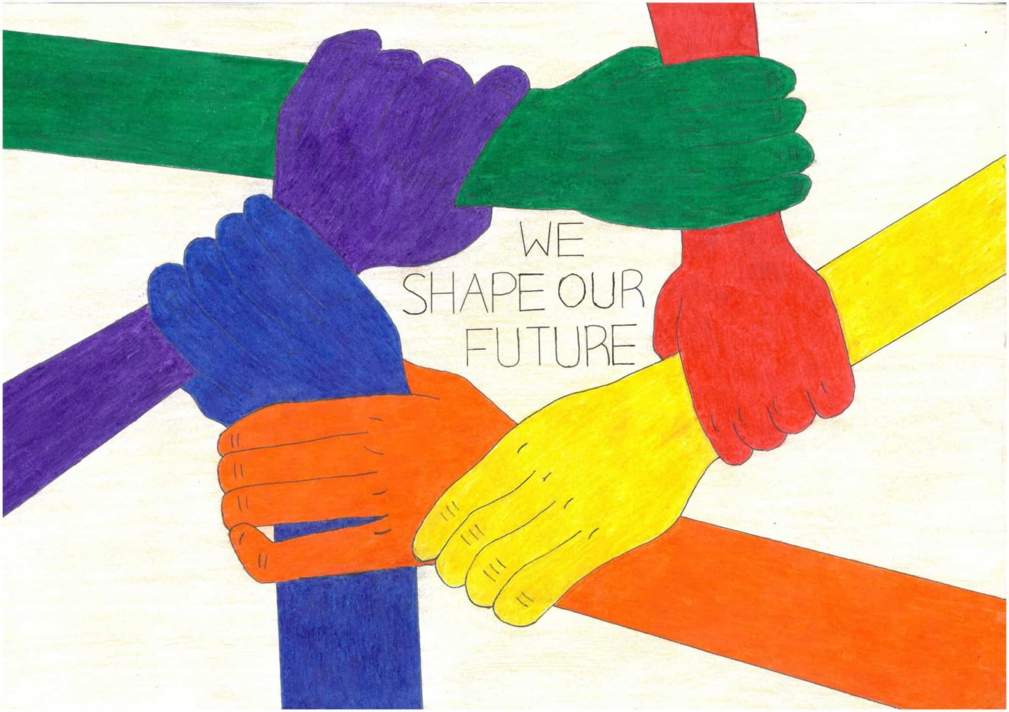 Rainbow colored hands holding each other. Text: We shape our future
